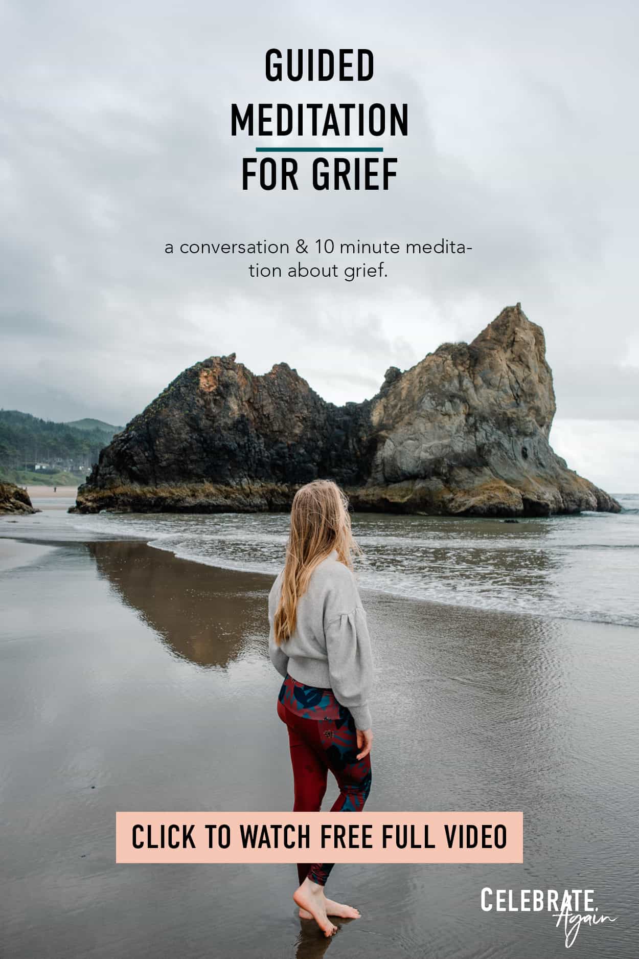 "guided meditation for grief and talk click to watch woman strains on beach with sea rock in background