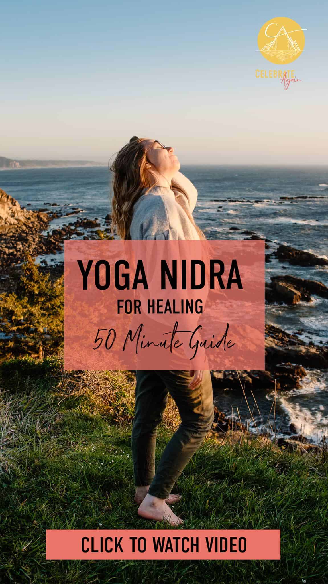 "yoga nidra for healing 50 minute guide" Emmy soaking up the sunset after a yoga nidra practice feeling amazing standing on the cliff edge of a beach