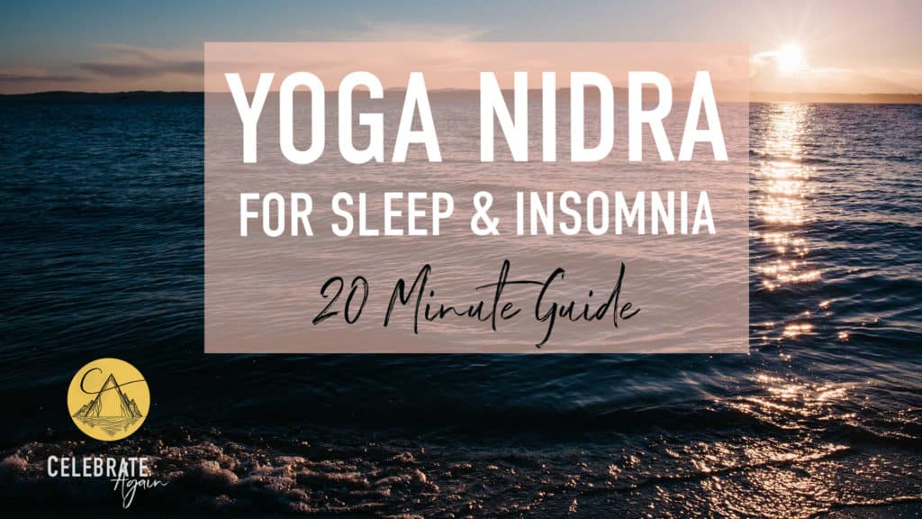 view of the sunsetting on the water with small mountains in the background text saying "yoga nidra for sleep and insomnia 20 minute guide" "click here to watch video"