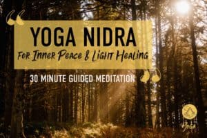 "yoga nidra for inner peace and light healing 30 minute guided meditation" view of light breaking through trees in the forest and Celebrate Again Yoga logo in bottom right corner