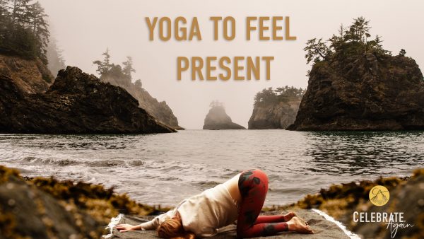 "yoga to feel present" emmy on a blanket by sea rocks and an ocean