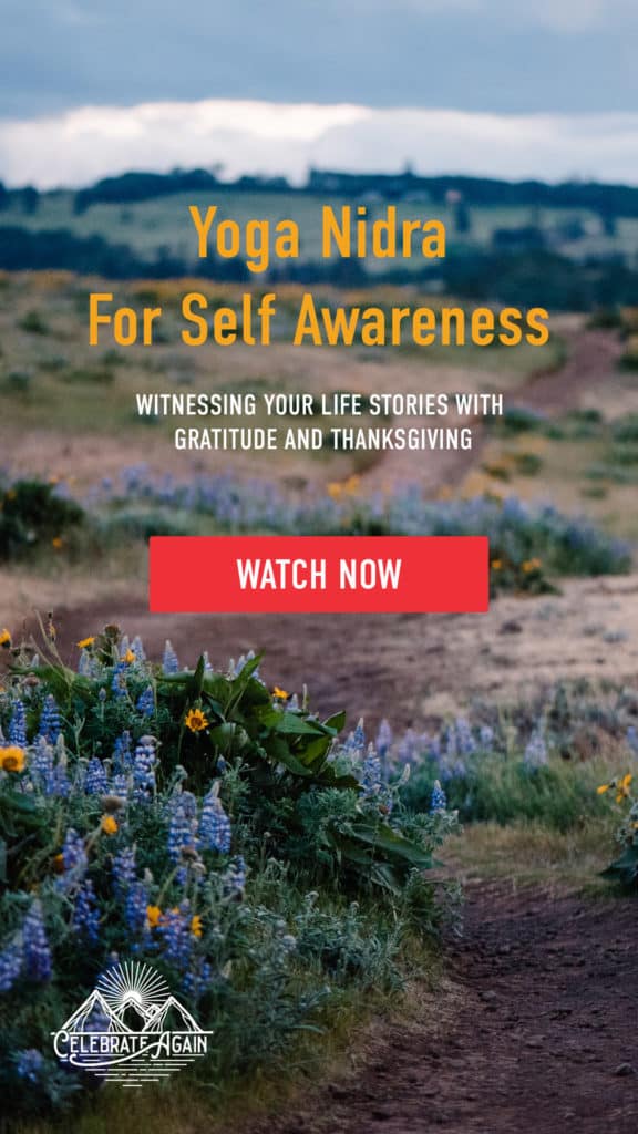 "Yoga Nidra for self awareness Witnessing your life stories with gratitude and thanksgiving" text over image of wild flowers on a trail that leads to tall trees ahead