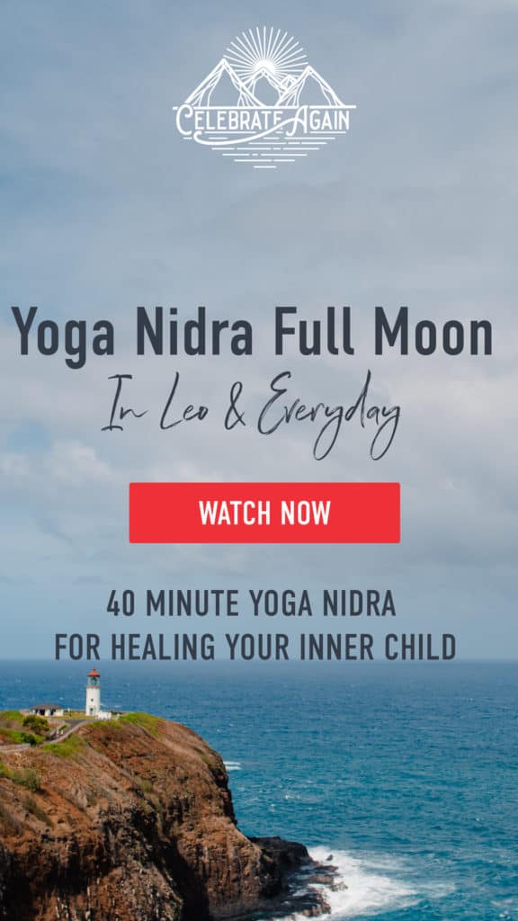 "Yoga Nidra Full Moon in Leo & Everyday 40 Minute Yoga Nidra For Healing Your inner child" view of an ocean with a lighthouse on the bottom left on the edge of a cliff