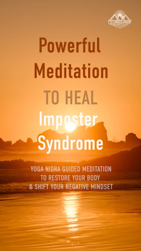 "Powerful meditation to heal imposter syndrome yoga nidra guided meditation to restore your body and shift your negative mindset" sun setting turning whole image orange with sea rocks on a beach