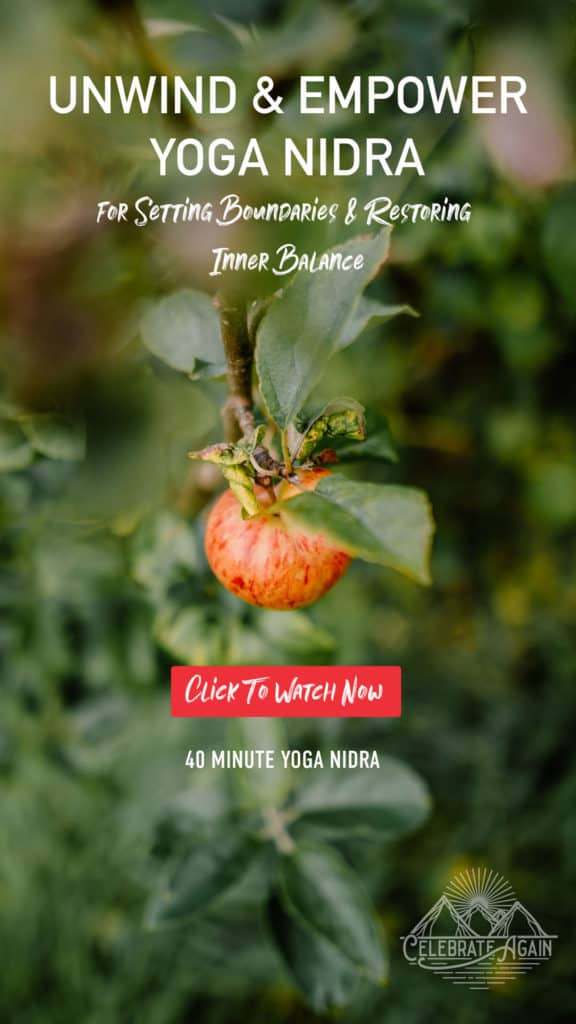 red apple on a tree with text overlaying "Unwind & Empower: Yoga Nidra for Setting Boundaries & Restoring Inner Balance 40 minutes yoga nidra"