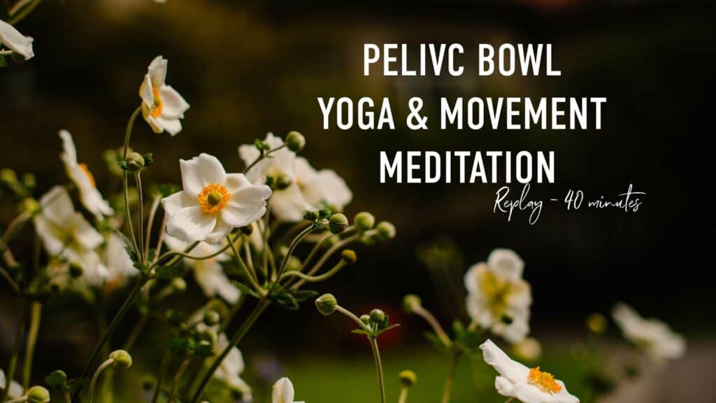 "pelice bowl yoga and movement meditation replay 40 minutes" over white flower swith yellow centers sprouting from all around
