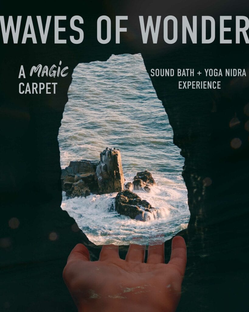 "waves of wonder a magic carpet ride yoga nidra in portland oregon and sound bath experience Nomatic Vintage Rugs September 4, 2024 6:45-8:30pm Limited space Save Your SPot Now" over image of hand reaching out to cave with ocean in the background