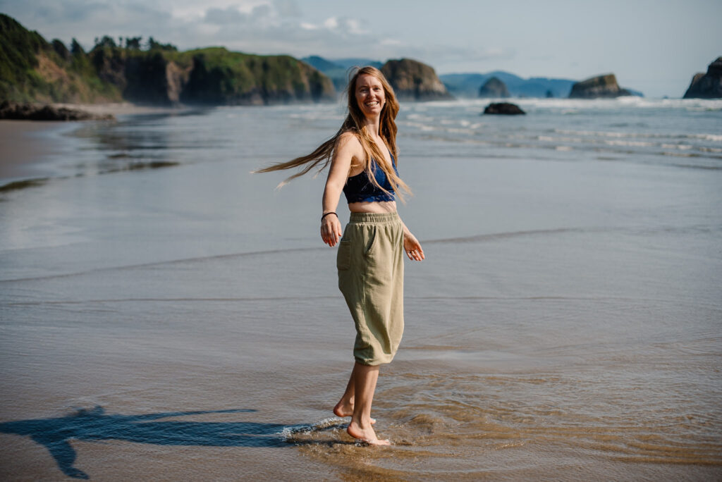 Lumalia in a free somatic exercises experience on the coast smiling